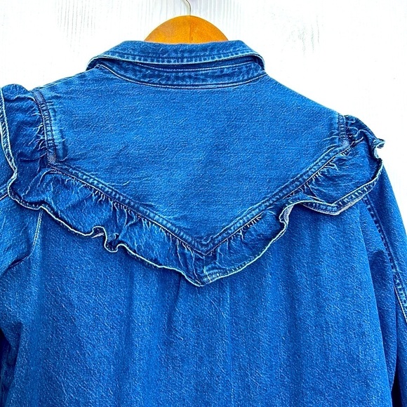 American Eagle - Oversized Dark Denim Button Down Ruffle Western Shirt Size M - Picture 12 of 13